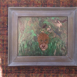 Vintage Jungle Cat Lion Oil Painting Original Art Small Boho Wall Decor