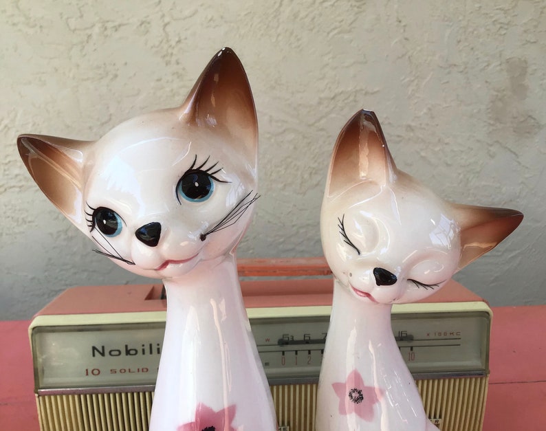 Large Vintage 50s Inarco PAIR of Floral Cats MCM Decor Ceramic Figurines 14 and 13 inches