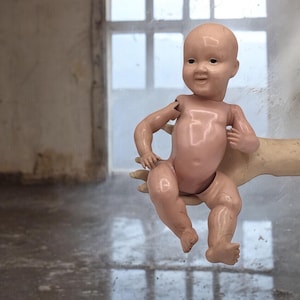 Antique Creepy Celluloid Baby Doll Parsons Jackson Biskoline Stork Distressed Halloween Decor