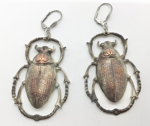 Large Copper Beetle Dangle Earrings Lever Back fo… - image 1