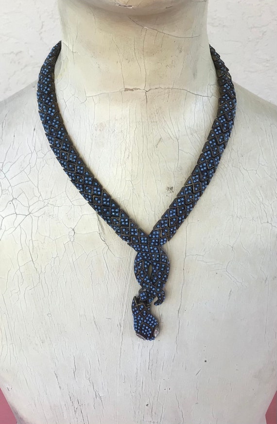 Vintage 90s Articulated Blue Studded Snake Choker… - image 1