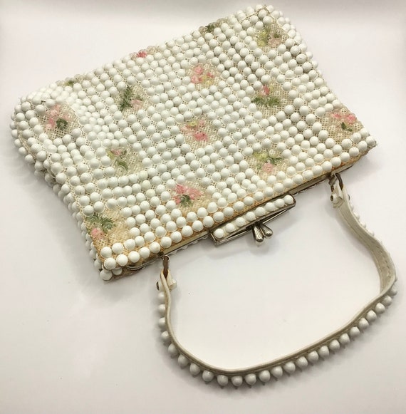 Shabby Vintage Plastic Beaded Off White Pink Purse
