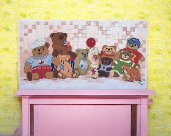 Vintage 1980s Teddy Bear Embroidery Crewel Wall Decor