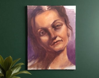 Vintage Oil Portrait Painting: Mid-Century Expressionist Female Art