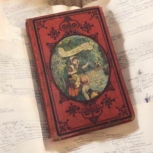 Antique Victorian Book “Little Cowslip Gatherer” 1800s Illustrated Hardcover Red Ornate Cover, Antique Storybook Collectible