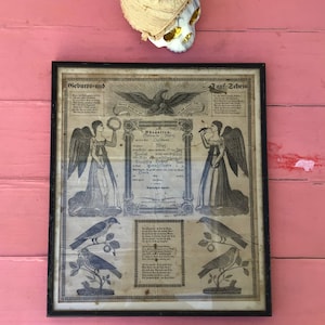 Antique 1844 German Birth Certificate Framed Art Document Timeworn Distressed