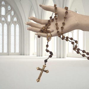Large Vintage Brown Filigree Caps Glass Bead Rosary with Bronze Tone Crucifix, Catholic Prayer Beads, Religious Collectible, Catholic Gift
