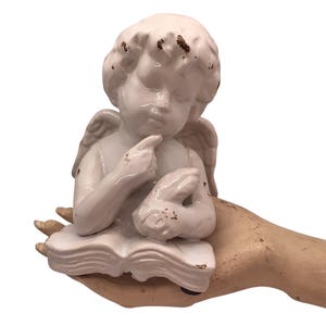 Distressed White Ceramic Cherub Angel Statue Figurine Religious Shabby Romantic Home Decor