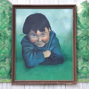 Vintage 1970s Smiling Asian Chinese Boy Signed Art Portrait Painting