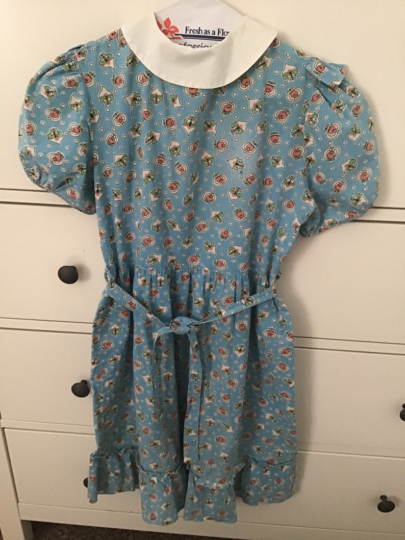 Vintage 50s Blue Cotton Floral Dress Girls Size 7 A-line Handmade Kid\u2019s White Collar Dress