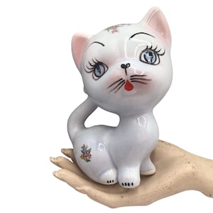 Vintage Hand Painted Floral White Pink Blue White Ceramic Kitty Cat Figurine
