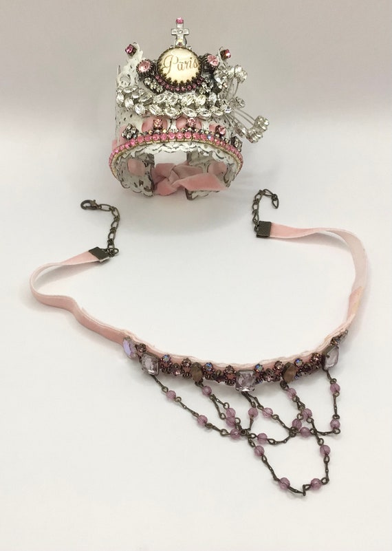 Vintage Pink Velvet Victorian Choker Necklace Ass… - image 4