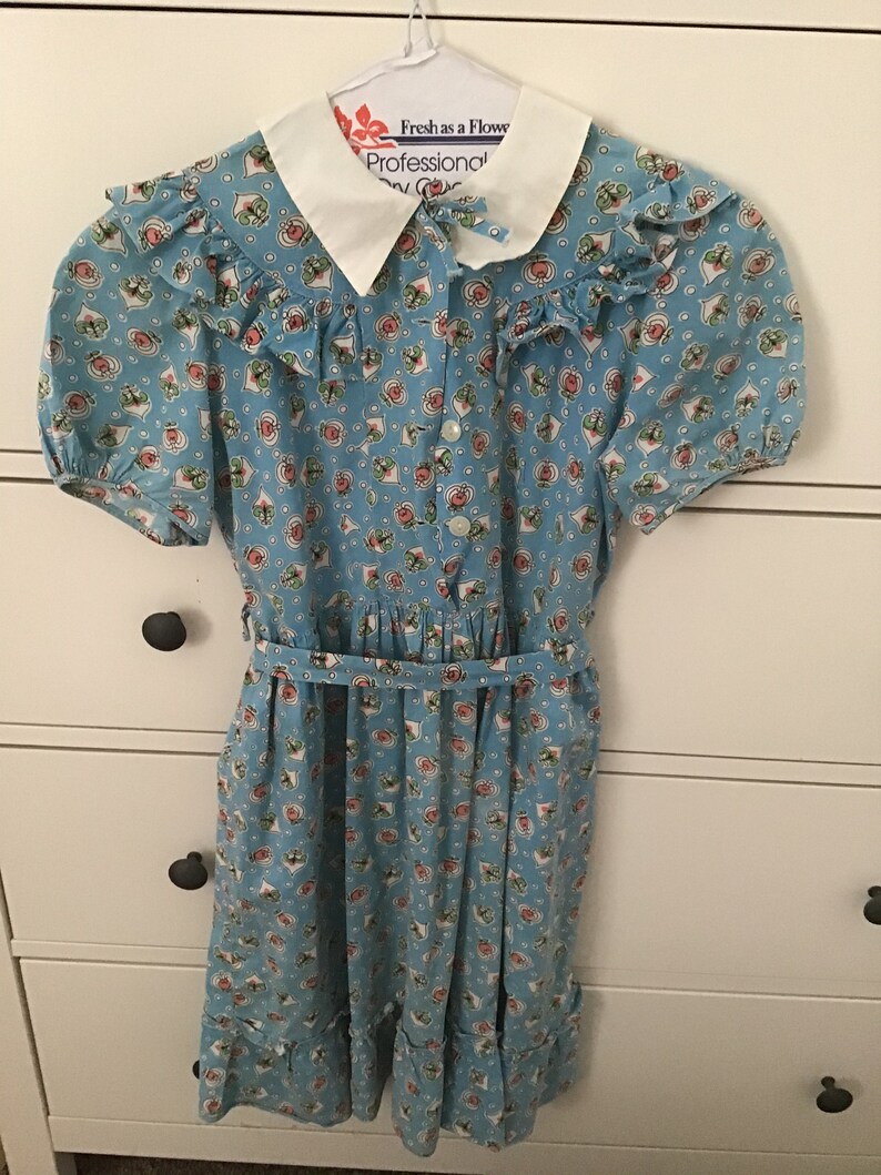 Vintage 50s Blue Cotton Floral Dress Girls Size 7 A-line Handmade Kid\u2019s White Collar Dress