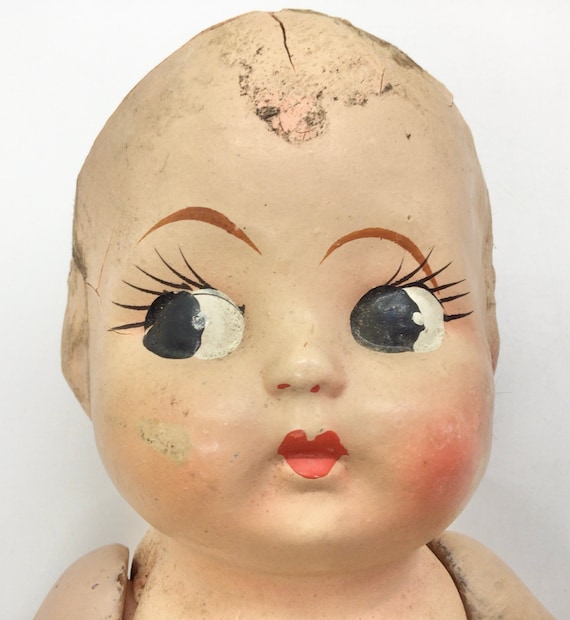 Vintage 1930s 15 Inch Carnival Big Eyed Composition Doll Shabby