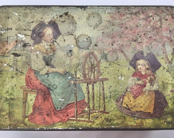 Vintage French Parisian Metal Tin Chocolate Biscuit Candy Box Girl with a Doll