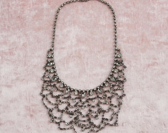 Vintage Rhinestone Bib Necklace, Sparkly Clear Crystal Statement Necklace