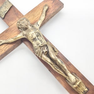 13 inch Vintage Brown Crucifix Cross Wood and Metal Catholic Romantic Gothic Victorian