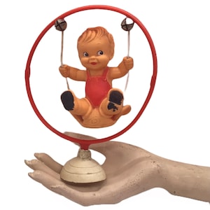 Vintage 50s Rubber Squeak Toy Baby on Swing: Retro Decor