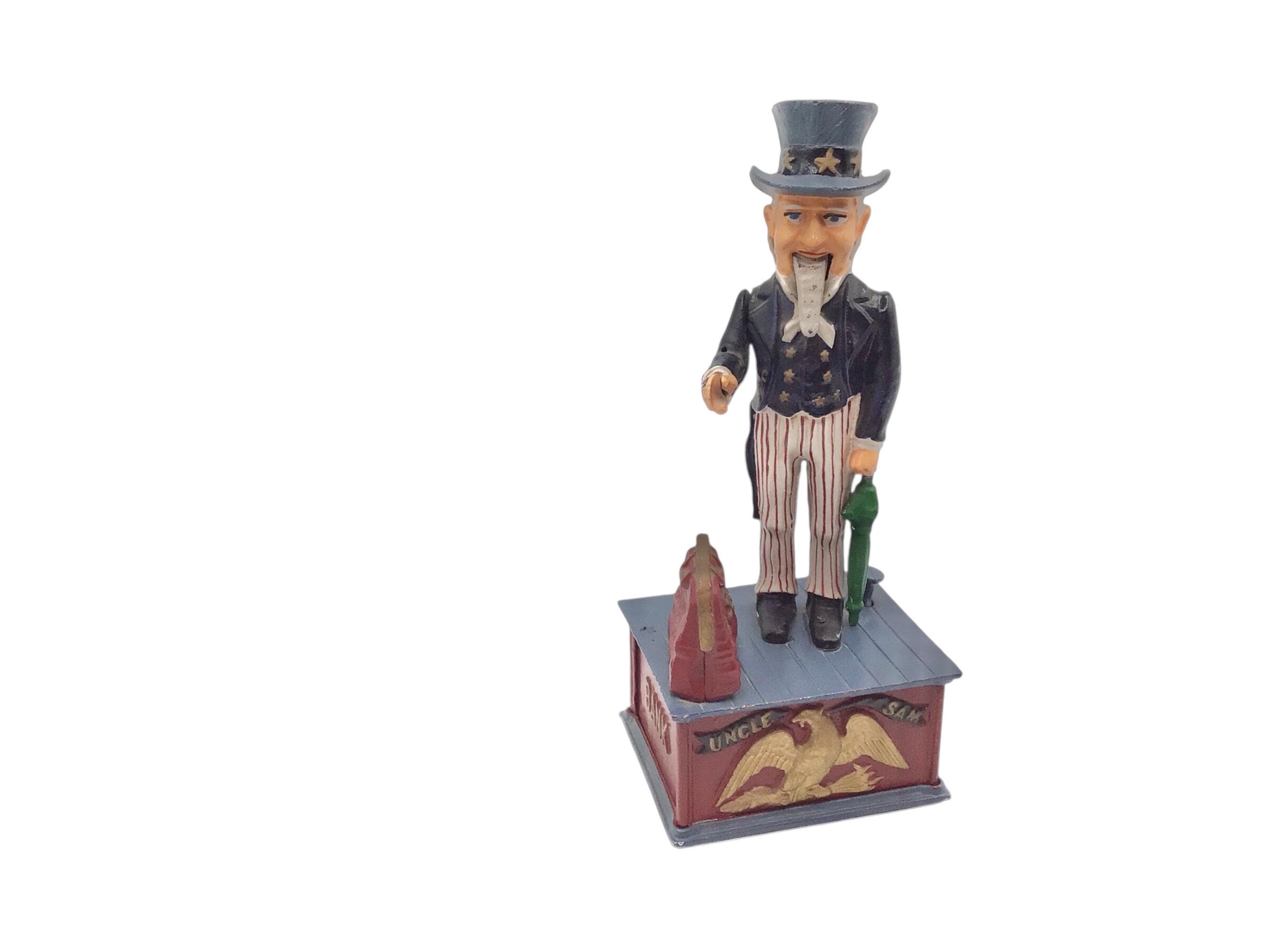 ヴィンテージのアンクルサム機械式貯金箱：鋳鉄製のアメリカーナ風装飾