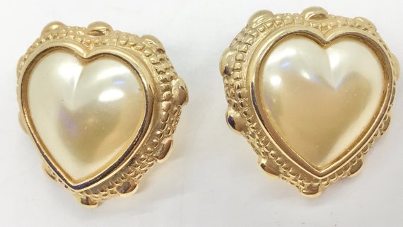 Vintage 1990s Heart Faux Pearl Large Post Earring… - image 1
