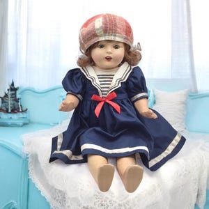 20 Inch Vintage Composition Doll Blue Sailor Girl Outfit Midcentury Nautical Decor