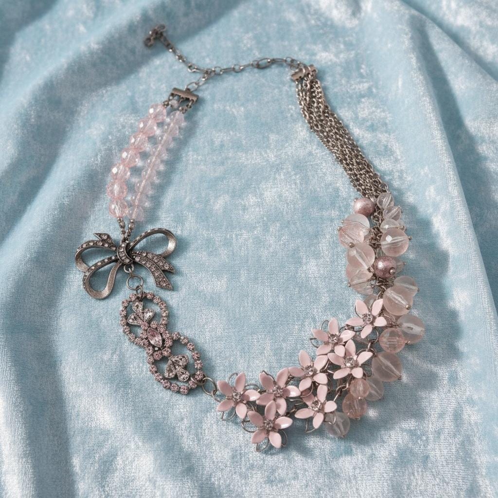 Pink Beaded Floral Statement Necklace Pink Orchid Flower Statement Necklace - Beaded Bow Choker  main image 4