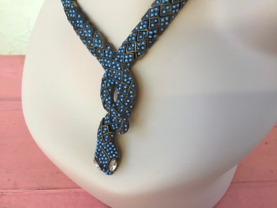 Vintage 90s Articulated Blue Studded Snake Choker… - image 4