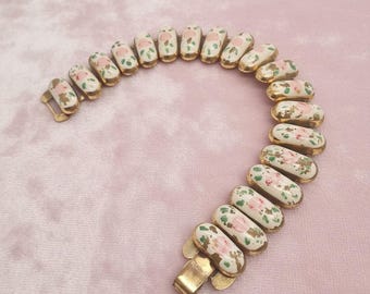 Vintage Hand Painted Floral Enamel Bracelet, Gold Tone Link Bracelet, Retro Pink Rose Jewelry