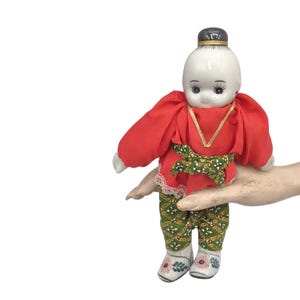 Vintage Asian Porcelain Ceremonial Chinese Doll, Collectible Hand-Painted Doll, Red & Green Traditional Costume Figurine