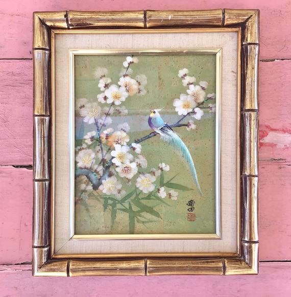 チビ印籠　黄銅　珊瑚　ガラス Vintage Bird Aviary Chinese Asian Floral Art in Gold Frame