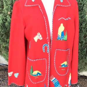 Unisex Vintage 1950s Mexican Tourist Souvenir Red Wool Jacket Medium Large image 2