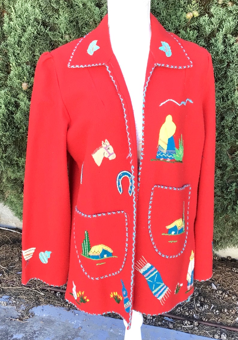 Unisex Vintage 1950s Mexican Tourist Souvenir Red Wool Jacket Medium Large image 2