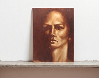Vintage Sepia Portrait Painting: Dramatic Female Face, Mid-Century Art