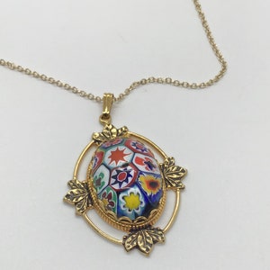 Vintage 70s Painted Floral Micromosaic Rainbow Pendant Necklace Gold tone Hippie Boho image 4