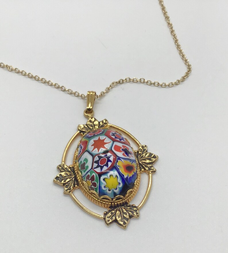 Vintage 70s Painted Floral Micromosaic Rainbow Pendant Necklace Gold tone Hippie Boho image 4