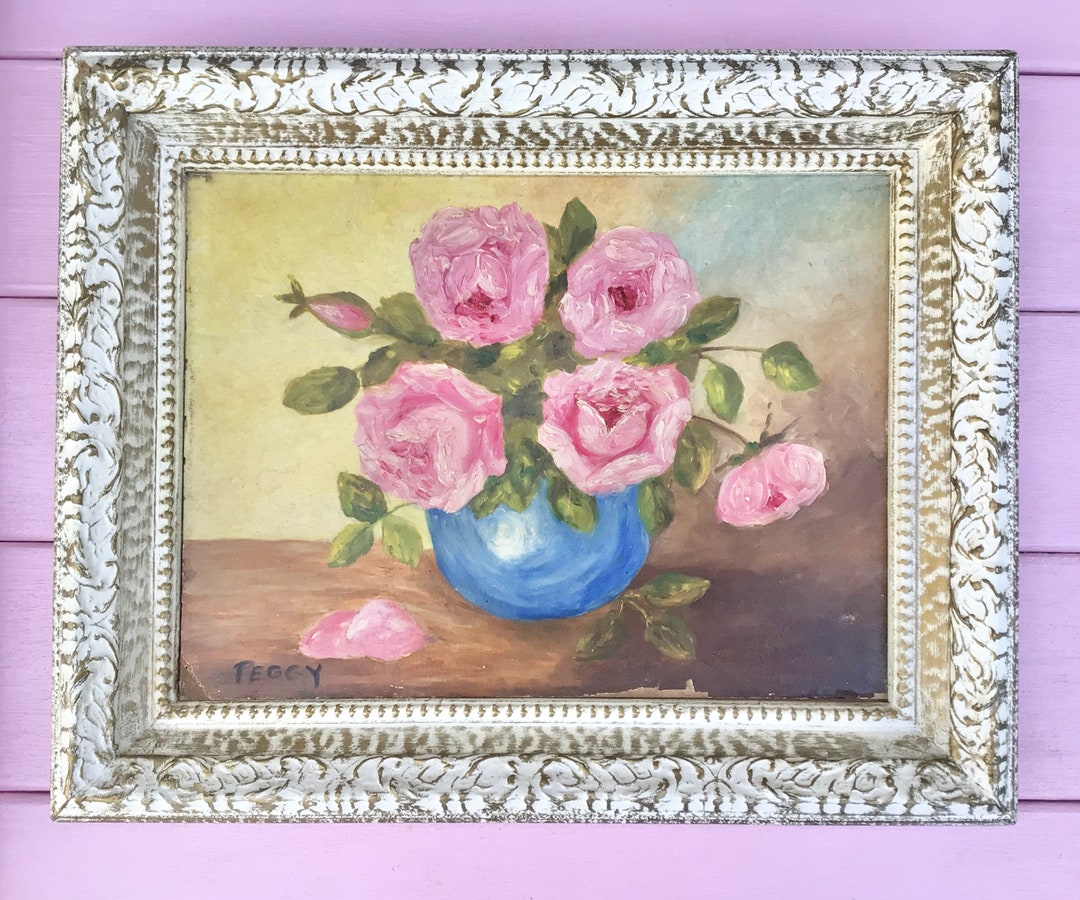 Vintage Pink Roses Blue Vase Floral Original Oil Painting Art Aged ...