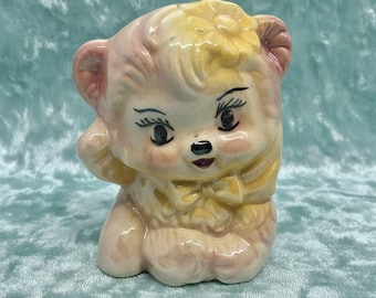 Vintage Anthropomorphic Bear Figurine, Kitschy Ceramic Animal Decor, 1950s Pastel Nursery Collectible