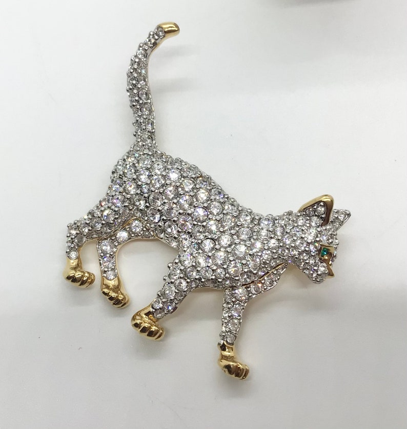 Vintage 80s Trio of Cats Small Resin White Persian Figurine Two Enamel Rhinestone Pins Brooches