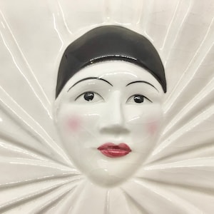Vintage 90s Ruffled Pierrot Clown Wall Plate Wall Decor White and Black