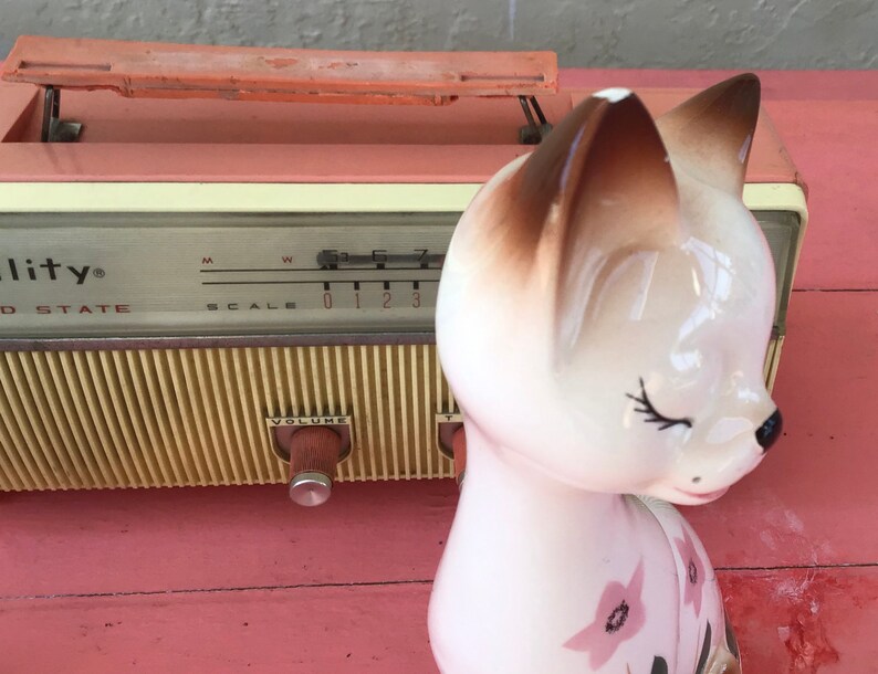 Large Vintage 50s Inarco PAIR of Floral Cats MCM Decor Ceramic Figurines 14 and 13 inches