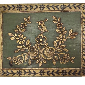 Vintage Bird Wooden Keepsake Box, Floral Folk Art Jewelry Storage, Boho Cottagecore Decor, Green & Gold Decorative Trinket Box