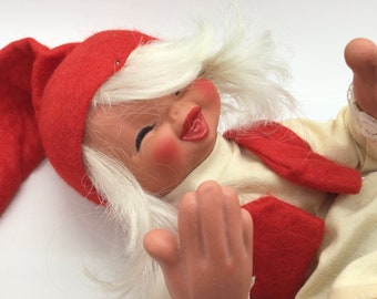 Vintage 60s Large Rubber Christmas Red Girl Elf Doll Japan Cute Kawaii Kitsch