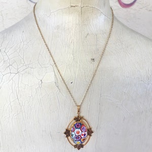 Vintage 70s Painted Floral Micromosaic Rainbow Pendant Necklace Gold tone Hippie Boho image 3