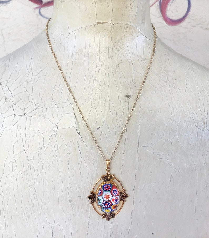 Vintage 70s Painted Floral Micromosaic Rainbow Pendant Necklace Gold tone Hippie Boho image 3