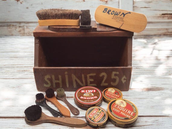 アンティーク　Shoe & Boot Cleaning Box オレンジ Vintage Shoe Shine Kit With Brushes, Polishes & Wood Box, Vintage