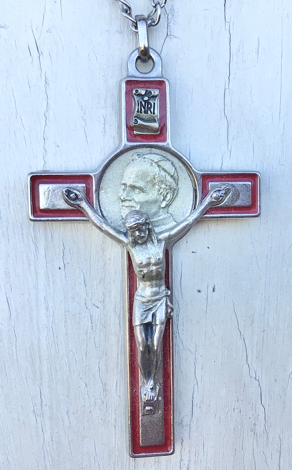 Vintage Silver tone Red Cross Pope John Paul II Cr