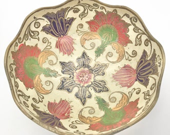 Vintage Floral Enamel Small Footed Brass Pedestal Bowl Trinket Dish Made in India Boho Home Decor