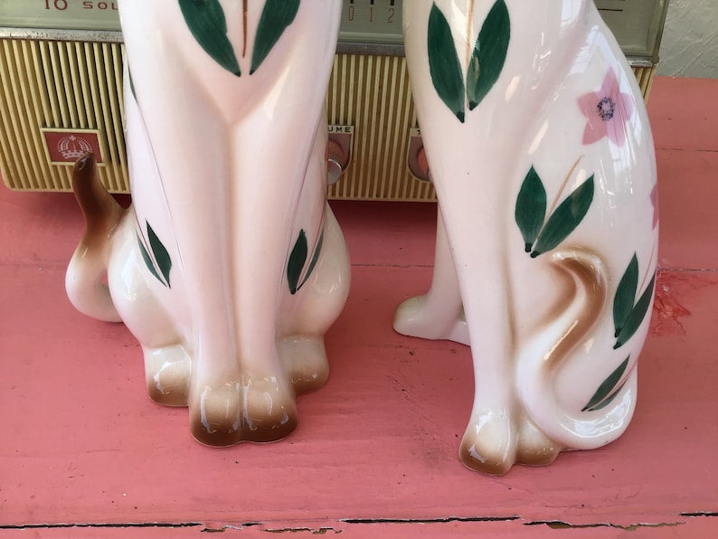 Large Vintage 50s Inarco PAIR of Floral Cats MCM Decor Ceramic Figurines 14 and 13 inches