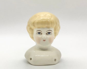Vintage Small German Reproduction White China Doll Head Porcelain Yellow Hair