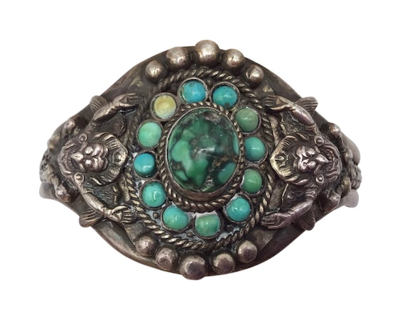 Vintage Sterling Silver Turquoise Cuff, Boho Artisan Jewelry Turquoise Jewelry Gift